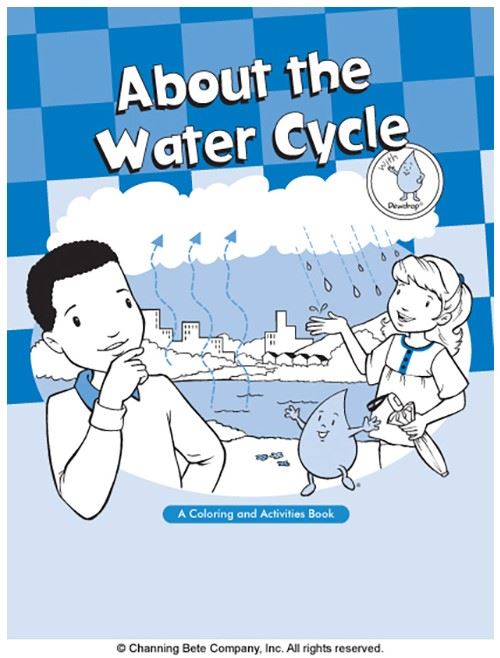 A coloring book with two children and a water drop outdoors. 