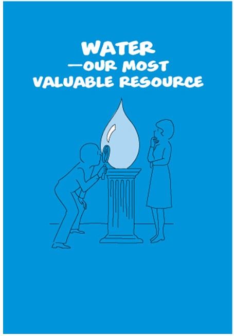 A blue booklet with two people inspecting a large drop of water. 