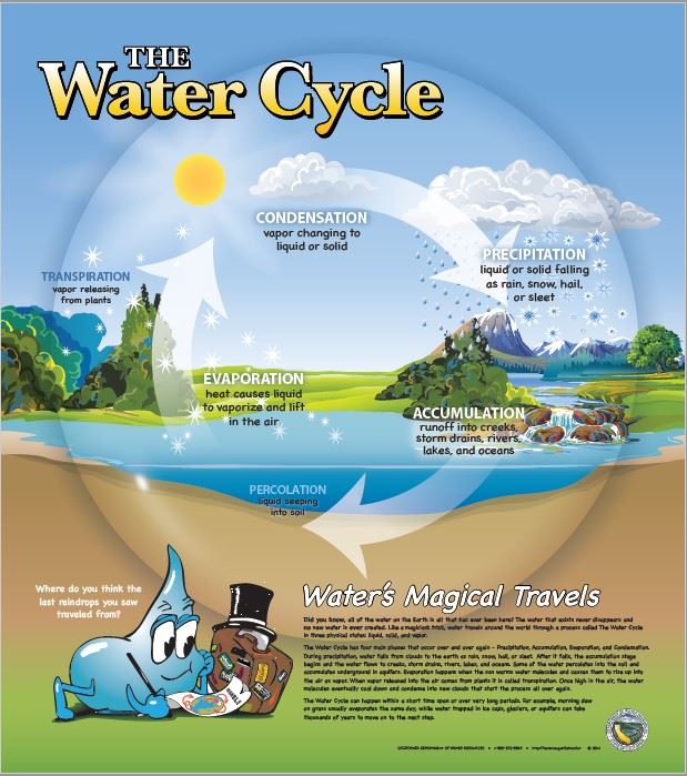 A poster with water cycle diagram.