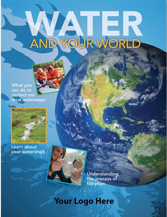A book cover with planet earth and images of water use. 